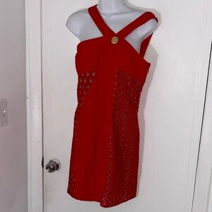 Versace for H&M One-Shoulder Red Eyelet Dress with Gold Button